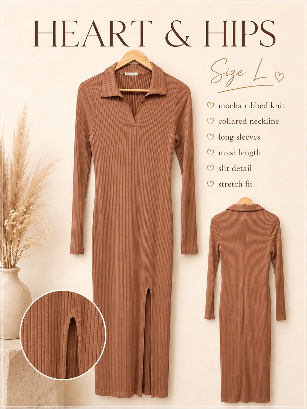 Heart Hips Mocha Ribbed Collared Maxi Dress